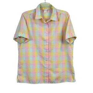 Vintage Seersucker Neon Pastel Plaid Button Front Top Size L